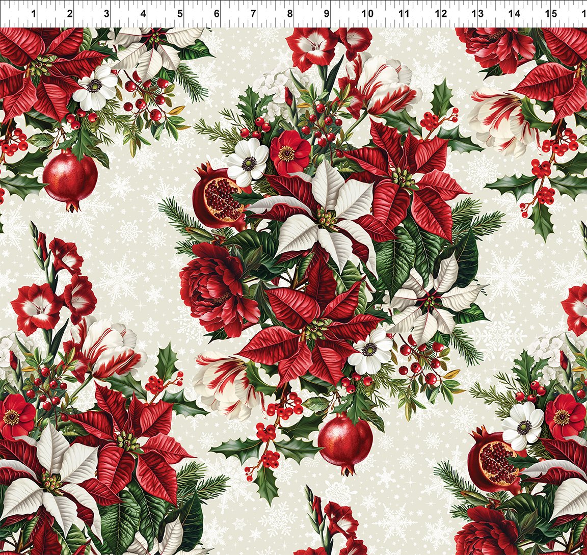 Winter Enchantment Bouquet Poinsettias Cream Jason Yenter In The Beginnings Cotton Fabric ITB-2WEN-1