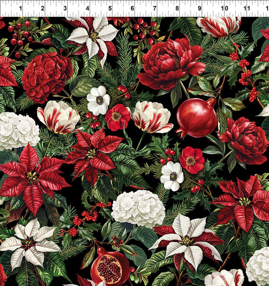 Winter Enchantment Floral Poinsettias Black Jason Yenter In The Beginnings Cotton Fabric ITB-3WEN-2