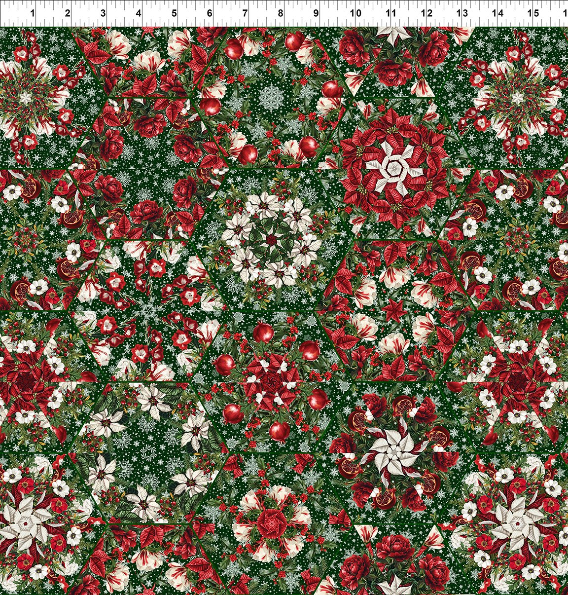Winter Enchantment Kaleidoscope Poinsettias Green Jason Yenter In The Beginnings Cotton Fabric ITB-5WEN-1