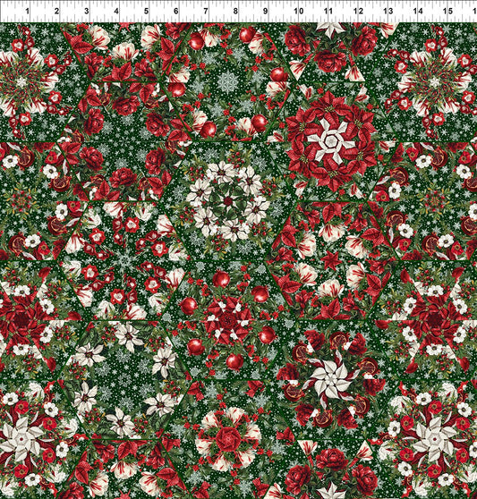 Winter Enchantment Kaleidoscope Poinsettias Green Jason Yenter In The Beginnings Cotton Fabric ITB-5WEN-1