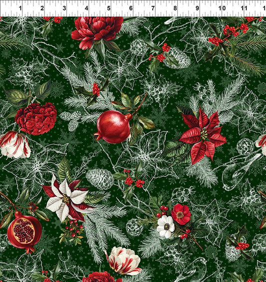 Winter Enchantment Toile Poinsettias Cardinals Green Jason Yenter In The Beginnings Cotton Fabric ITB-4WEN-2