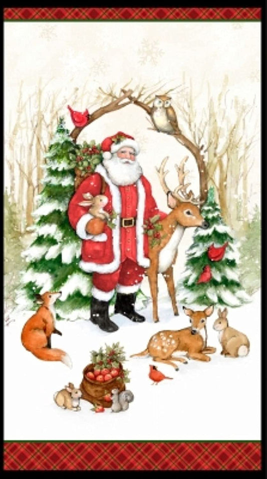 Winter Forest Santa Panel 24" White Susan Winget Wilmington Prints Cotton Fabric