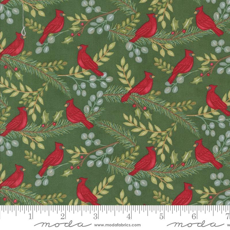 Winter Friends Cardinals in the Tree Spruce Dark Green Deb Strain Moda Cotton Fabric MD-56132-16