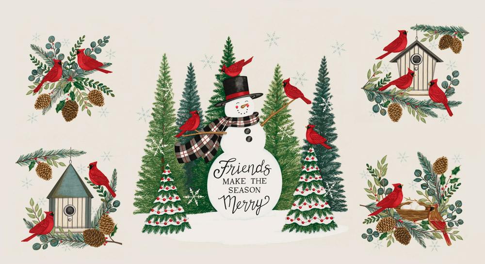Winter Friends Snowman Cardinals Christmas Trees Pine Panel 24" Snowy White Multi Deb Strain Moda Cotton Fabric MD-56139-11