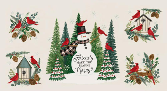 Winter Friends Snowman Cardinals Christmas Trees Pine Panel 24" Snowy White Multi Deb Strain Moda Cotton Fabric MD-56139-11