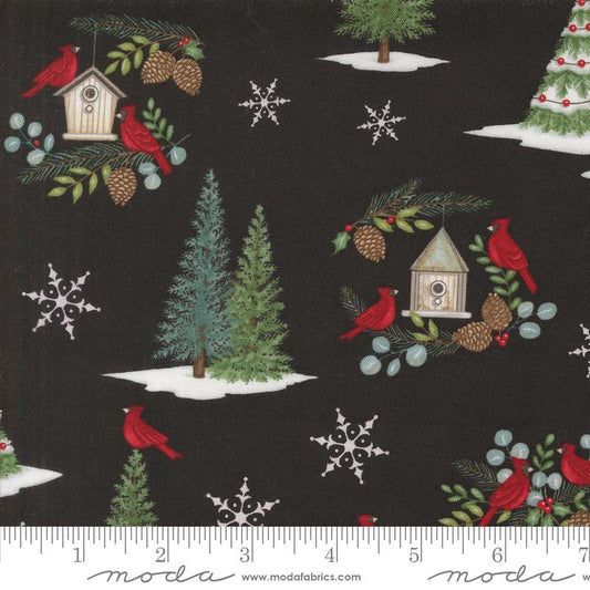 Winter Friends Snowman and Cardinal Allover Trees Charcoal Black Deb Strain Moda Cotton Fabric MD-56130-18