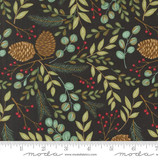 Winter Friends Woodland Greenery Leaves Pine Cones Charcoal Black Deb Strain Moda Cotton Fabric MD-56131-18