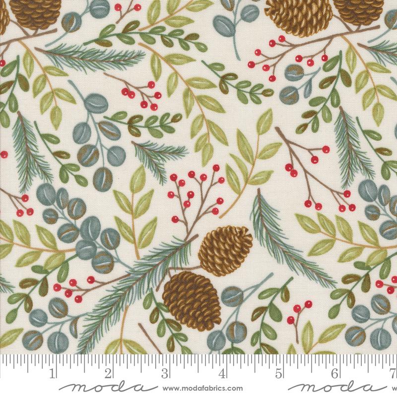 Winter Friends Woodland Greenery Leaves Pine Cones Snowy White Multi Deb Strain Moda Cotton Fabric MD-56131-11