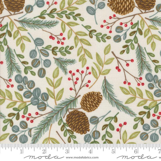 Winter Friends Woodland Greenery Leaves Pine Cones Snowy White Multi Deb Strain Moda Cotton Fabric MD-56131-11