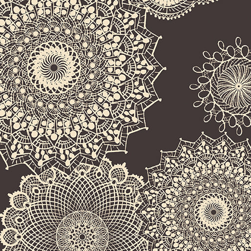 Winter Haven Dancing Doilies Charcoal Rachel Rossi Benartex Cotton Fabric BE-16790-14