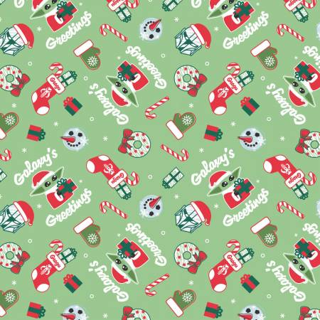 Winter Holidays Galaxy Greetings Toss Baby Yoda Star Wars Christmas Light Green Camelot Cotton Fabric CF-73800410-2