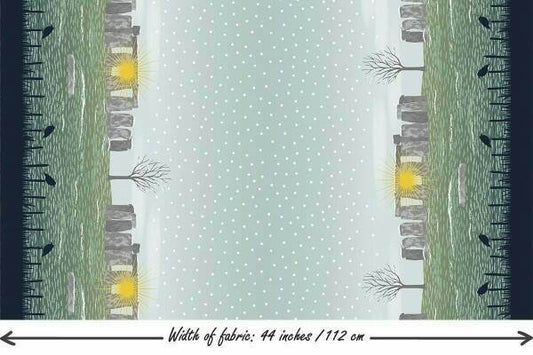 Winter Solstice Stonehenge Double Border Sage Green Gold Metallic Lewis and Irene Cotton Fabric LI-L55