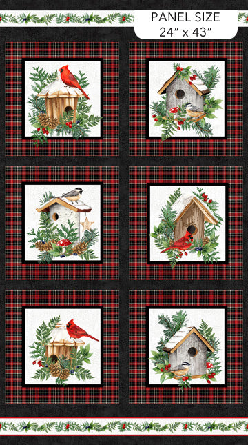 Winter Song Birdhouse Panel 24" Black Multi Deborah Edwards Northcott Cotton Fabric NC-DP27803-10
