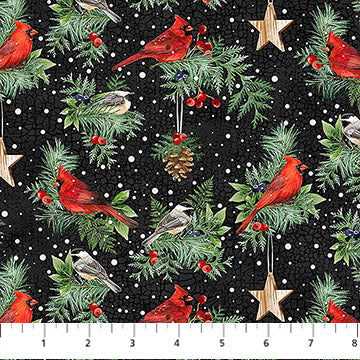 Winter Song Birds Black Multi Deborah Edwards Northcott Cotton Fabric NC-27804-99
