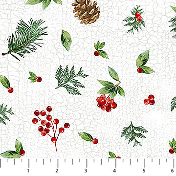 Winter Song Pine Cone Toss White Multi Deborah Edwards Northcott Cotton Fabric NC-27806-10