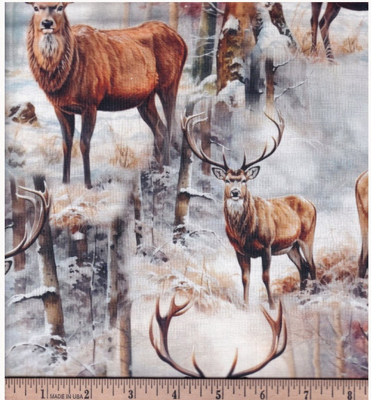 Winter Stag Deer Snowy Trees Allover David Textiles Cotton Fabric DT-AL-6452-3C-1