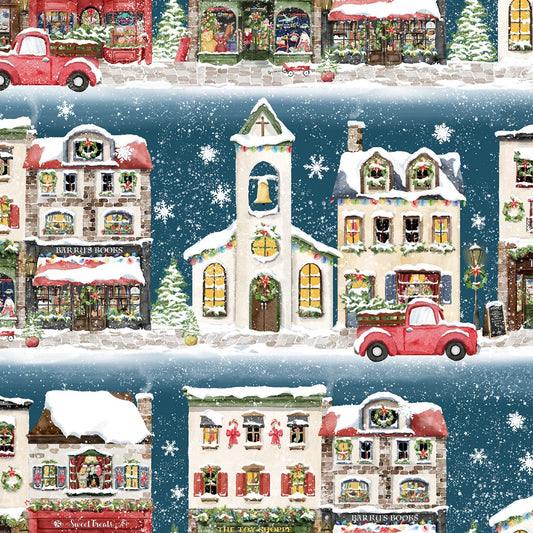 Winter Village Main Street Blue Deane Beesley 3 Wishes Cotton Fabric 3W-23802-BLU