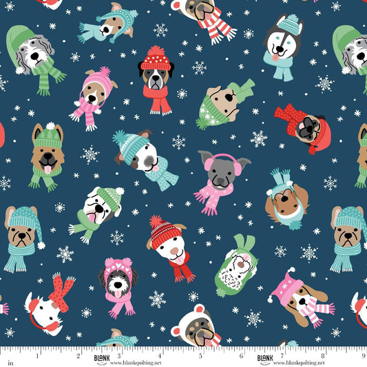 Winter Waggers Dogs In Hats And Scarves Dark Blue Devon Design Co Blank Quilting Cotton Fabric BQ-4763-77
