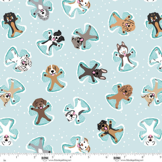 Winter Waggers Dogs Making Snow Angels Light Blue Devon Design Co Blank Quilting Cotton Fabric BQ-4767-11