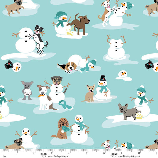 Winter Waggers Dogs Playing With Snowmen Light Blue Devon Design Co Blank Quilting Cotton Fabric BQ-4765-11