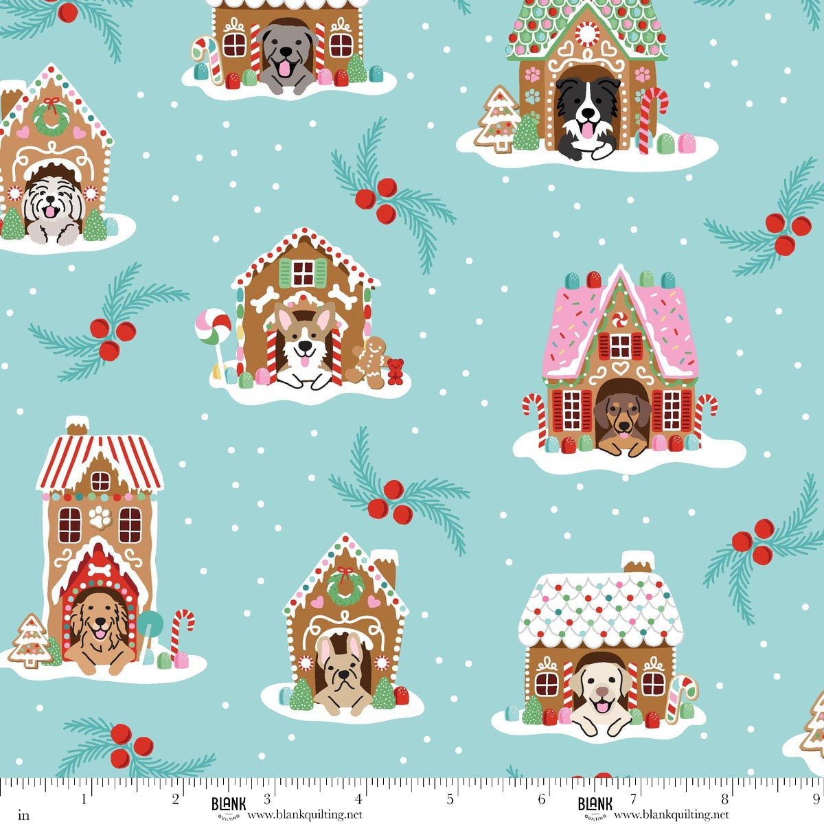 Winter Waggers Gingerbread Dog Houses Light Blue Devon Design Co Blank Quilting Cotton Fabric BQ-4762-11