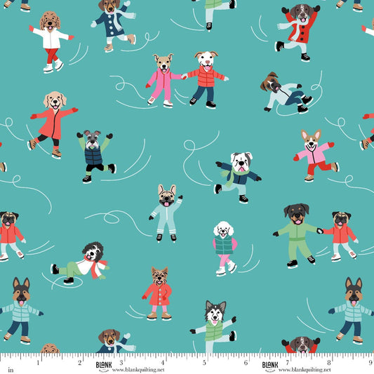 Winter Waggers Ice Skating Dogs Aqua Devon Design Co Blank Quilting Cotton Fabric BQ-4766-13