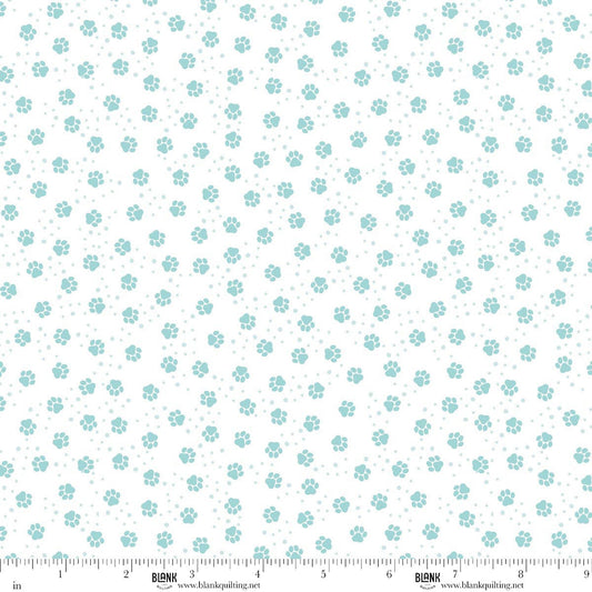 Winter Waggers Puppy Snow Pawprints Aqua White Devon Design Co Blank Quilting Cotton Fabric BQ-4772-01