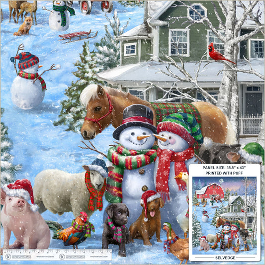 Winter Wonder Snow Friends Icy Blue Panel with Puff 36" Whistler Studios Windham Cotton Fabric WF-55163DPP-2