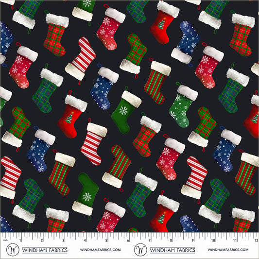 Winter Wonder Stockings Toss Night Black Whistler Studios Windham Cotton Fabric WF-55165D-3