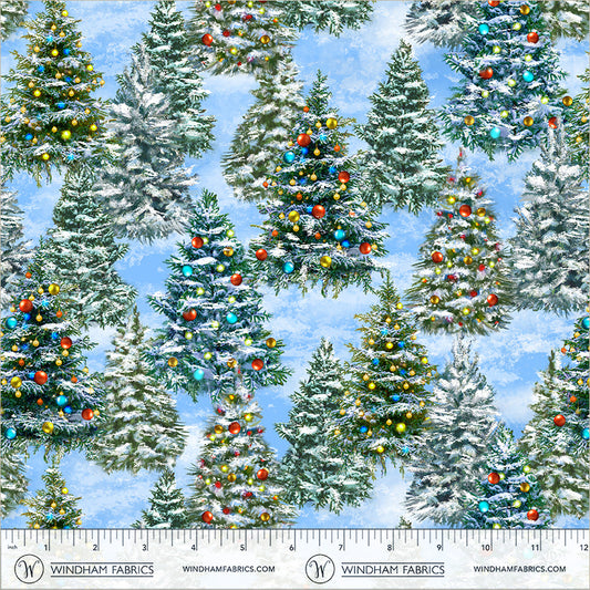 Winter Wonder Tree Farm Ice Blue with PUFF Whistler Studios Windham Cotton Fabric WF-55166DPF-2