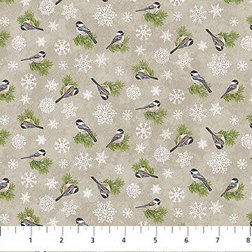 Winter Woodland Chickadees Taupe Multi Deborah Edwards Northcott Cotton Fabric NC-28871-12