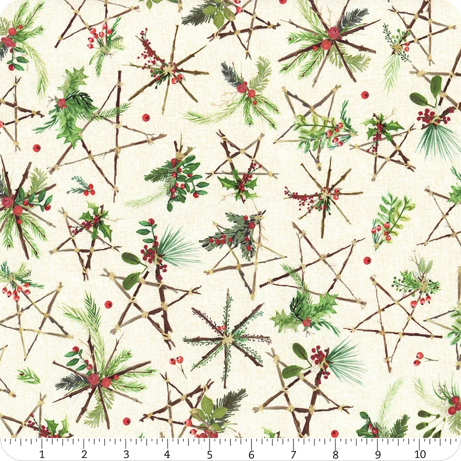 Winter Wreaths Stars Cream Maywood Studio Cotton Fabric MS-MAS10882-E