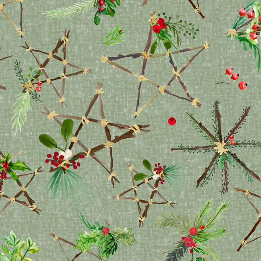 Winter Wreaths Stars Green Maywood Studio Cotton Fabric MS-MAS10882-G