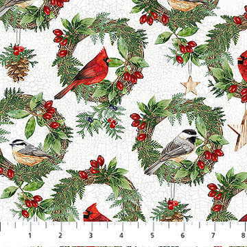 Winter Song Wreaths White Multi Deborah Edwards Northcott Cotton Fabric NC-DP27803-10