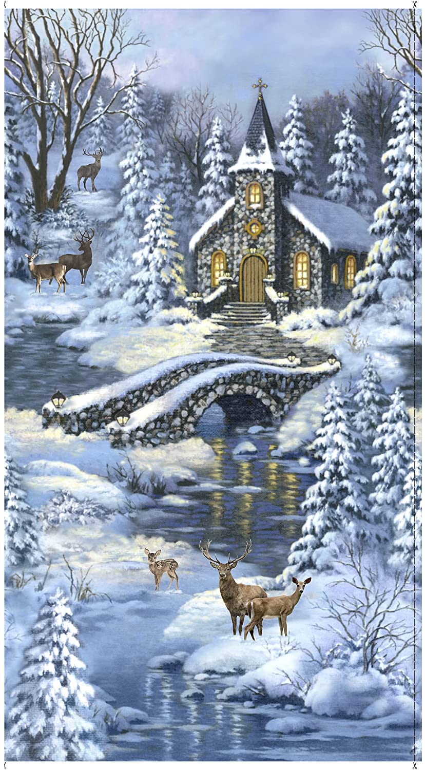 Winter's Peace Church the Forest Panel 24" Blue Timeless Treasures Cotton Fabric