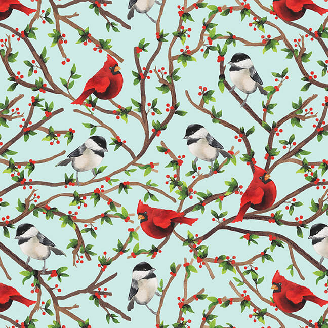 Wintry Mix Cardinals & Chickadees Tree on Mint Green Elizabeth Medley Blank Quilting Cotton Fabric