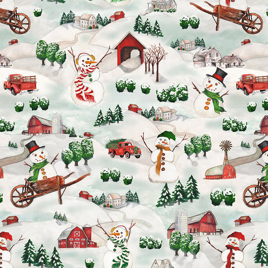 Wintry Mix Snowman Scenic on White Red Barn Truck Elizabeth Medley Blank Quilting Cotton Fabric