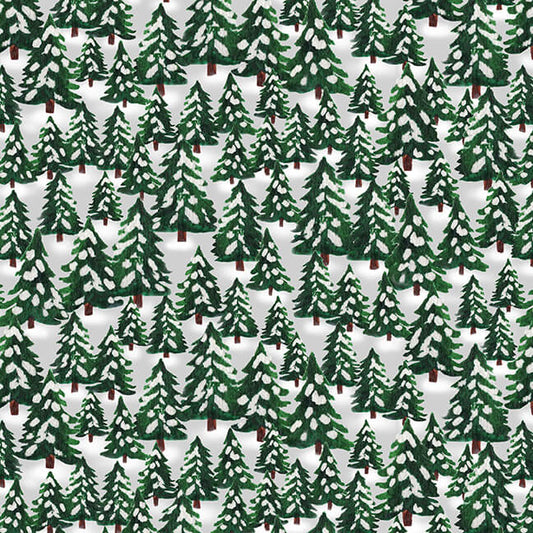 Wintry Mix Snowy Green Trees Allover Elizabeth Medley Blank Quilting Cotton Fabric