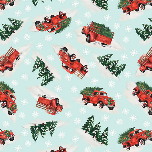 Wintry Mix Tossed Red Trucks Mint Green Snowy Trees Elizabeth Medley Blank Quilting Cotton Fabric