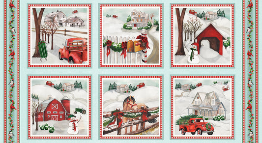 Wintry Mix Winter Block Panel 24" Mint Green Red Barn Truck Horse Farm Elizabeth Medley Blank Quilting Cotton Fabric