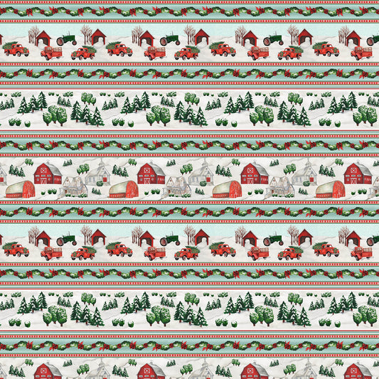 Wintry Mix Winter Border Stripe Red Barn Truck Snowy Trees Elizabeth Medley Blank Quilting Cotton Fabric