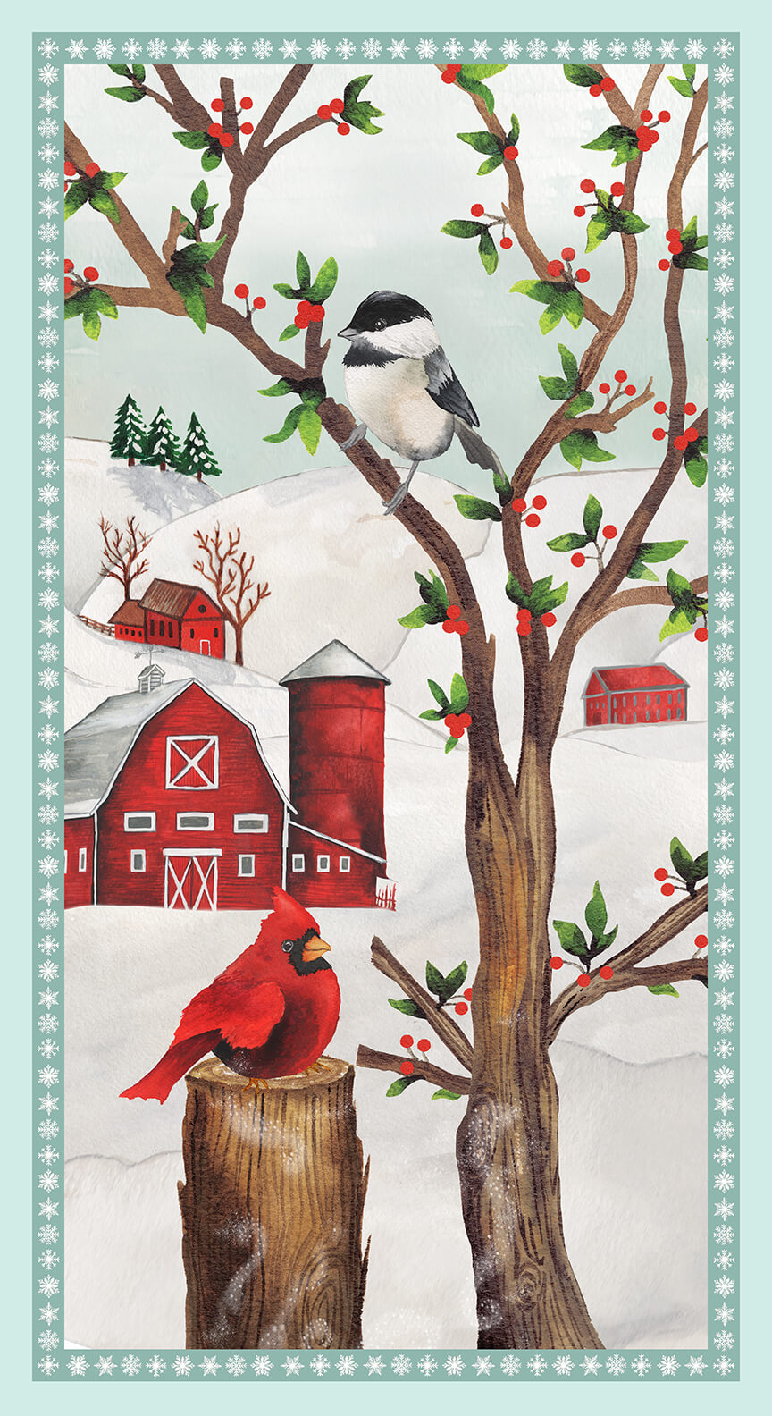 Wintry Mix Winter Panel 24" Red Barn Cardinal Elizabeth Medley Blank Quilting Cotton Fabric