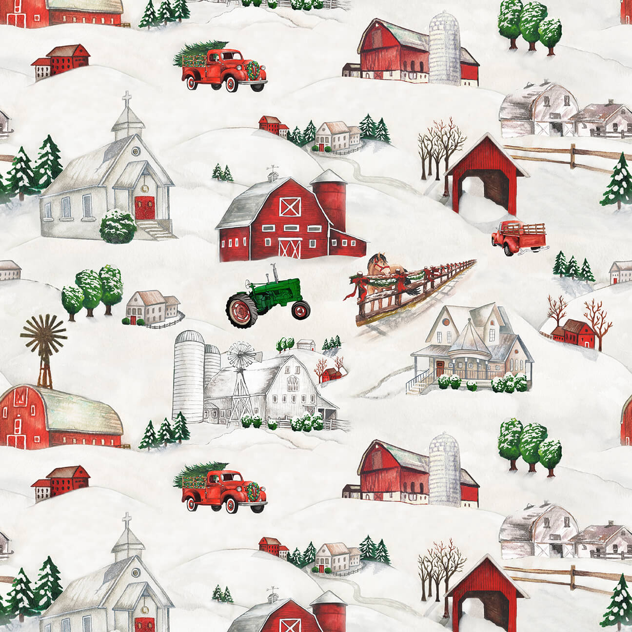 Wintry Mix Winter Scenic on White Red Barn Truck Horse Farm Elizabeth Medley Blank Quilting Cotton Fabric