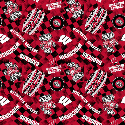 Wisconsin Badgers NCAA College Checks Red Sykel Enterprises Canvas Duck Cloth Cotton Fabric WIS-1380-RED