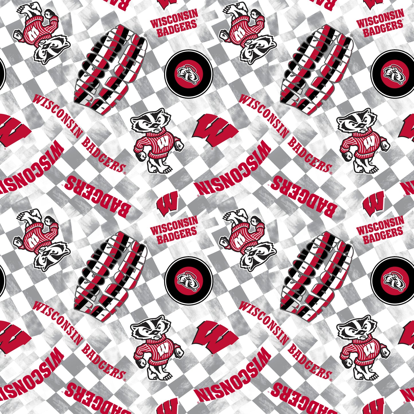 Wisconsin Badgers NCAA College Checks White Sykel Enterprises Canvas Duck Cloth Cotton Fabric WIS-1380-WHITE