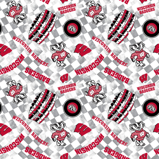 Wisconsin Badgers NCAA College Checks White Sykel Enterprises Canvas Duck Cloth Cotton Fabric WIS-1380-WHITE