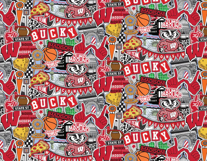 Wisconsin Badgers NCAA College Doodle Allover Sammy Sykel Cotton Fabric WIS-2001