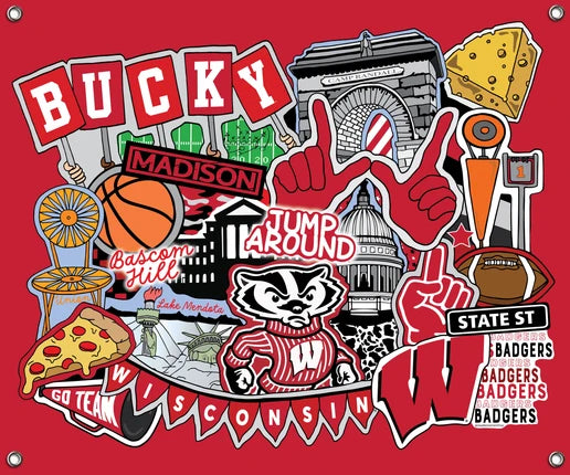 Wisconsin Badgers NCAA College Doodle Spirit Banner 58x47 inches Sykel Enterprises 4 Grommets Polyester Fabric WIS-5002