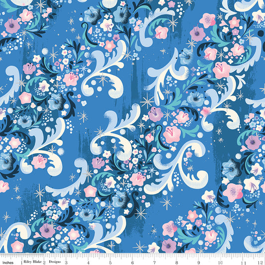 Wishes Cindy Flowers Blueberry Blue Sparkle Jill Howarth Riley Blake Cotton Fabric RB-SC18074-BLUEBERRY