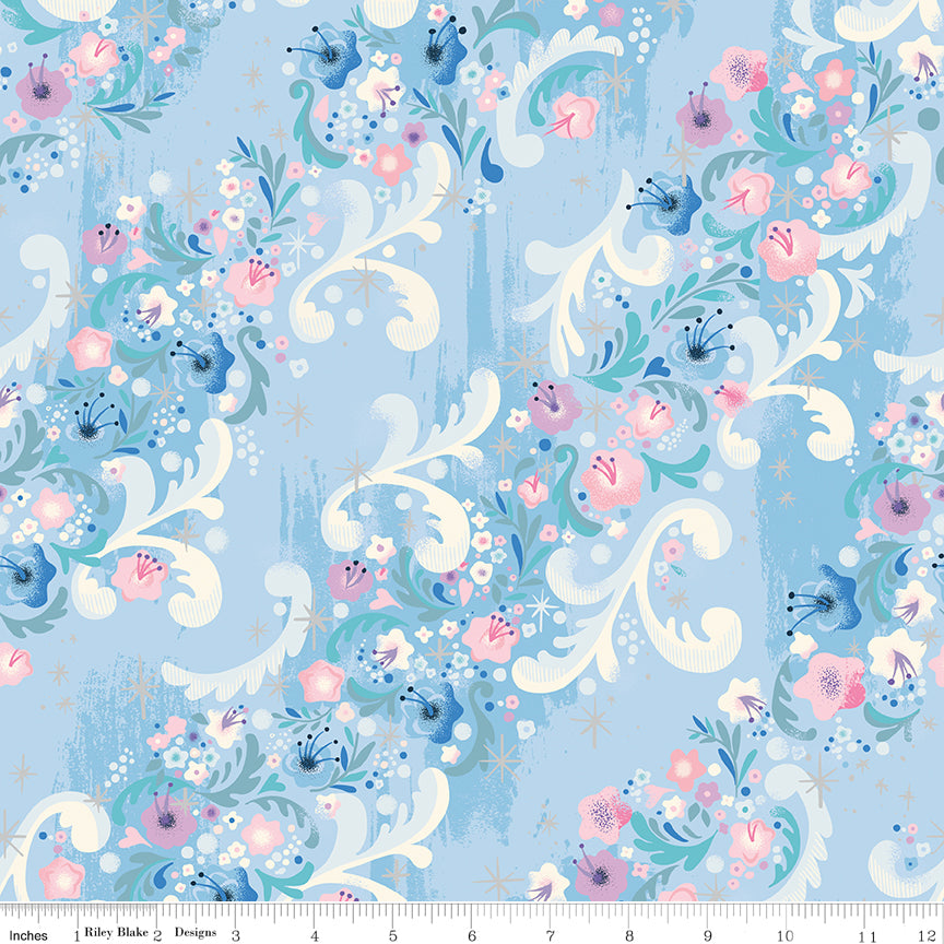 Wishes Cindy Flowers Frost Blue Sparkle Jill Howarth Riley Blake Cotton Fabric RB-SC18074-FROST